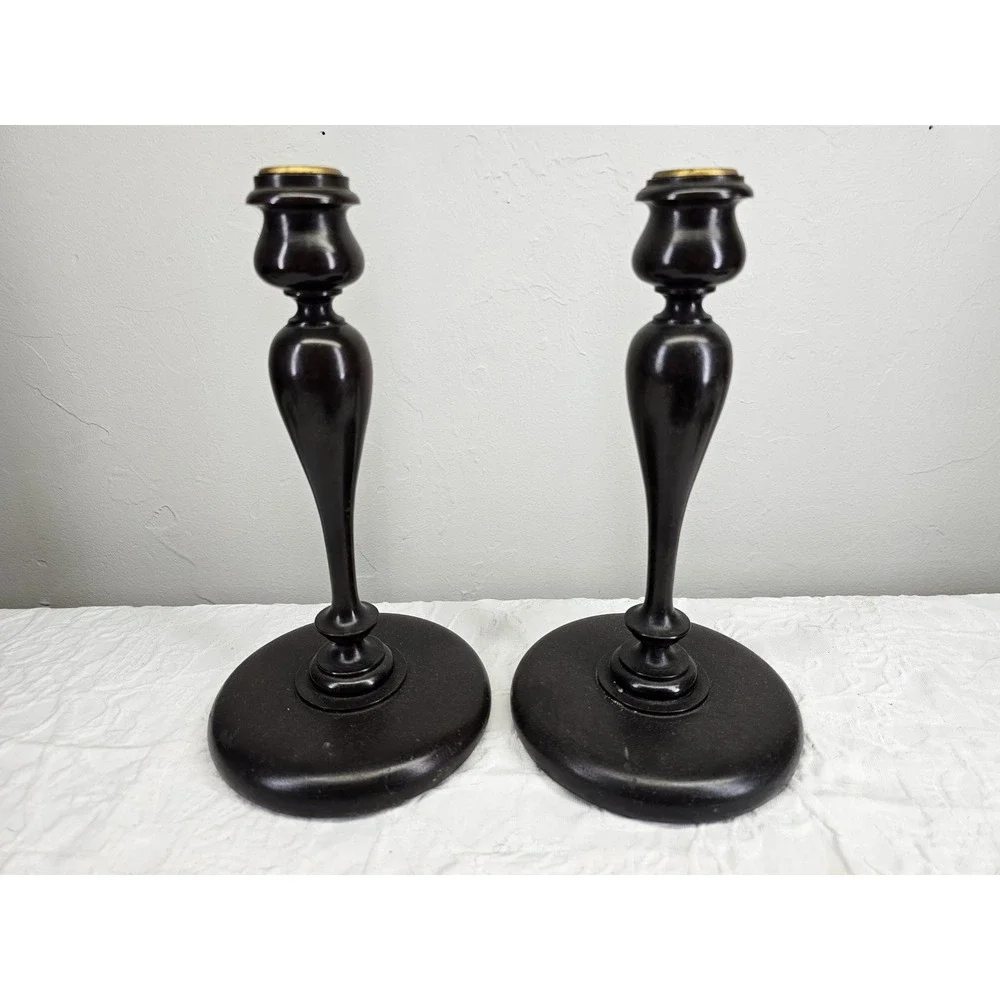 Antique 1900's Dark Wood Candlestick Holders Pair Ornate Brass‎ Top Elegant
